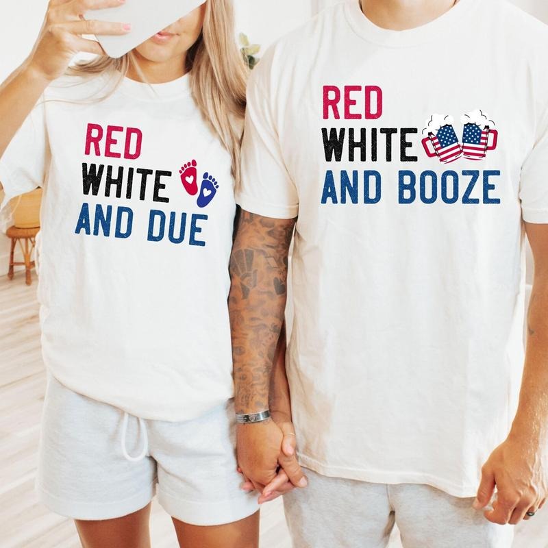 Couples 4th of July Pregnancy Announcement Shirt, New Mom Dad Est 2025 Expecting Shirt, Patriotic Baby Reveal Shirt, Red...