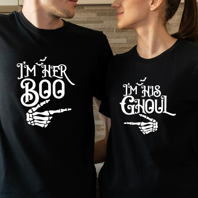 Couples Halloween T-Shirt, I'm His Ghoul Shirt, I'm Her Boo Tee, Matching Halloween Party Tee, Skeleton Hand Wife Husband...