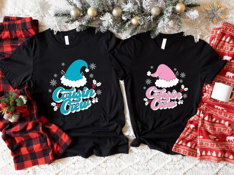 Cousin Crew Christmas Shirt, Pink Blue Santa Hat T-shirt, Cousin Christmas 2023 Tee, Family Matching Xmas Gift Tee,...