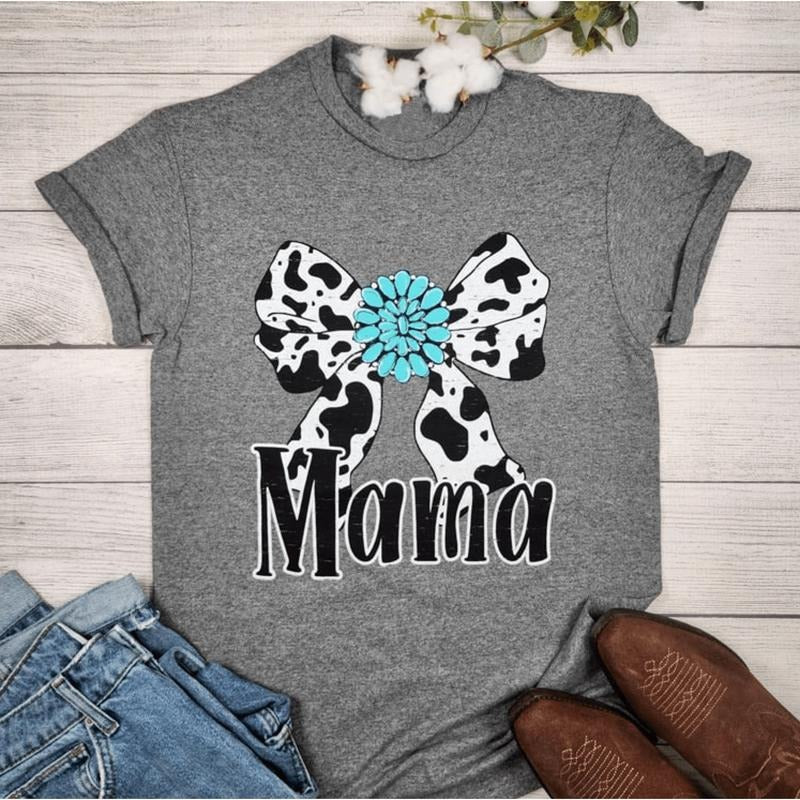 Cow Print Bow Mama Graphic T-shirt Hoodie, Sweatshirt | RetroVerseTees.com
