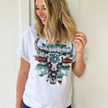 Cow Print Serape Turquoise Bullskull Flower Graphic Tee Hoodie, Sweatshirt | RetroVerseTees.com