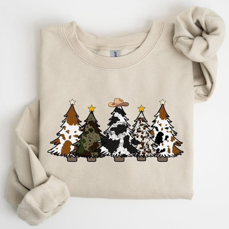 Cowboy Christmas Trees Howdy Cowgirl Hats Countryside Crewneck Sweatshirt, Winter Snow Santa Cowboy Shirt Hoodie