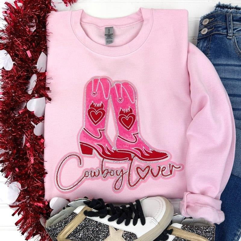 Cowboy Lover Sequin Patch Sweatshirt -- LIGHT PINK T-Shirts, Hoodie | RetroVerseTees.com