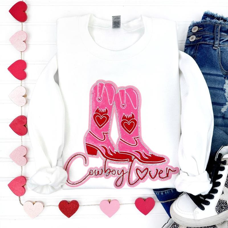 Cowboy Lover Sequin Patch Sweatshirt -- WHITE T-Shirts, Hoodie | RetroVerseTees.com