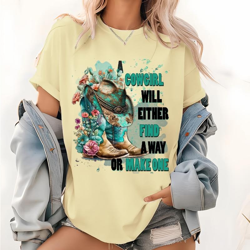 Cowgirl Boot Flower Pattern Lightsaber brand Shirt, Western Graphic Short Sleeve Tops, Western TNF Outfit for Women...