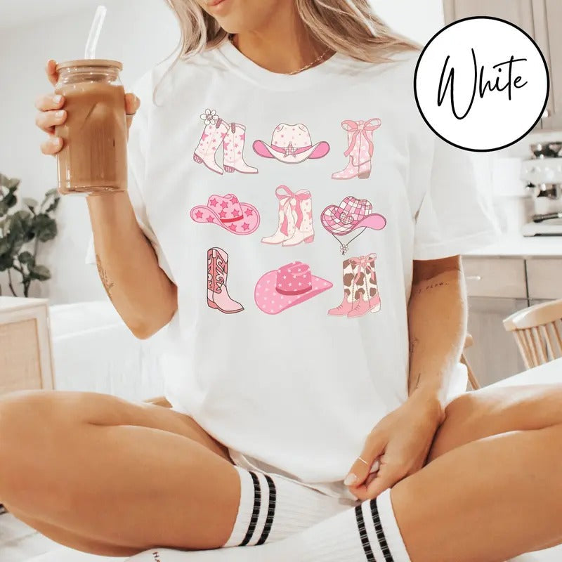 Cowgirl Boots and Hat Shirt - Pink Cotton Round Neck Tee - Unisex Western Graphic Design