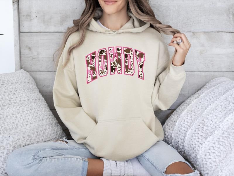 Cowprint "Howdy" Hoodie Casual Cotton T-Shirts, Sweatshirt | RetroVerseTees.com