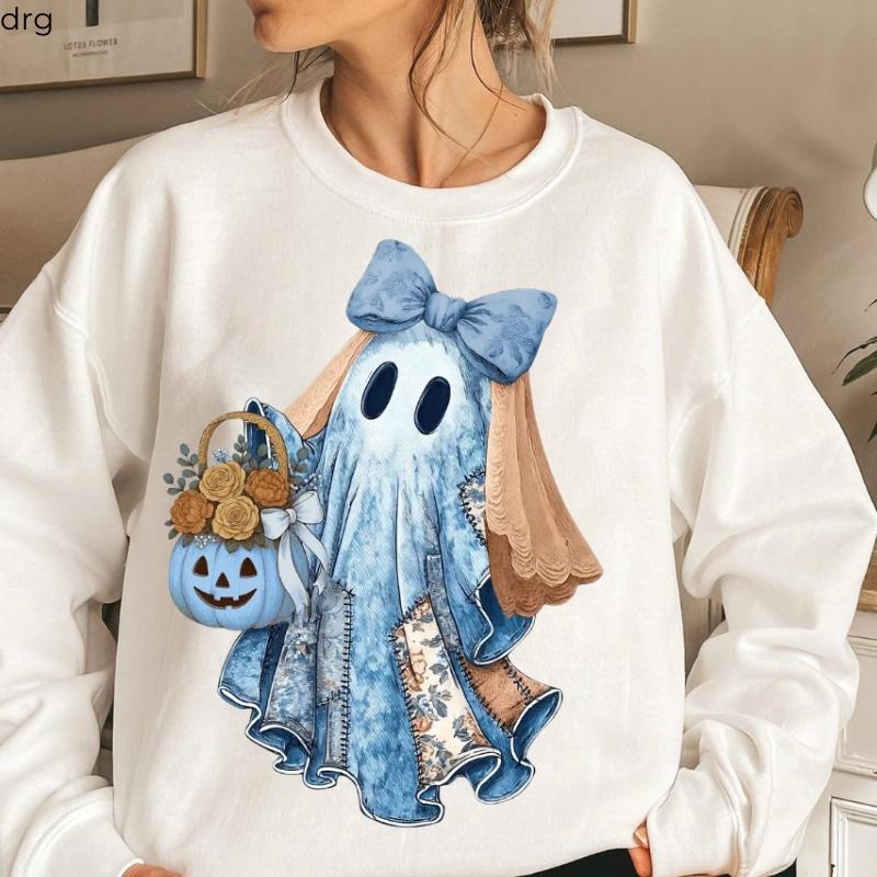 Cozy Halloween Sweatshirt, Cute Ghost Graphic Hoodie, Fall Outfit with Patchwork Style & Pumpkin Bucket Design, Unisex...