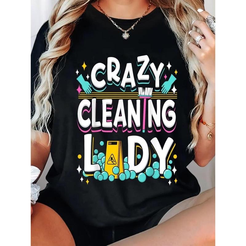 Crazy Cleaning Lady Housekeeping Housekeeper Cleaner T-Shirt Round Neck Short Sleeve T-Shirt Women'WB shield Graphic Tee...