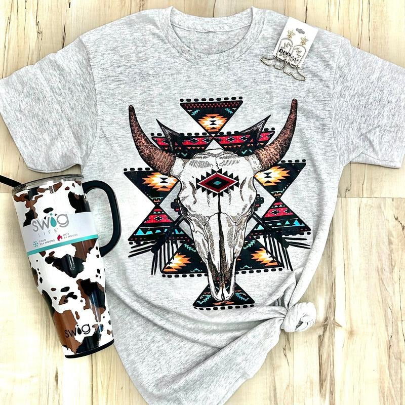 Cream Aztec Skull Graphic Tee Hoodie, Sweatshirt | RetroVerseTees.com