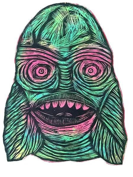 Creature Woodcut Print on Painted Birch Panels Ready to Hang Artistic Room Decor 16x20 Inches Unique Etching Press...