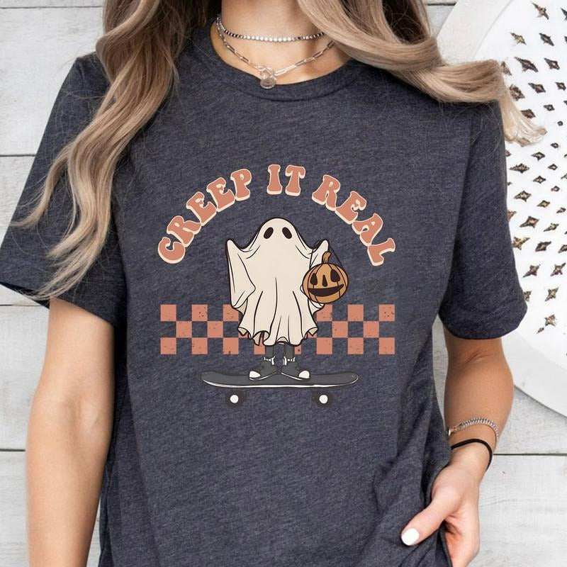 Creep It Real Halloween T-Shirt, Funny Quote Halloween Ghost T-Shirt, Womans Crewneck, Women Graphic Tee, Cute Halloween...