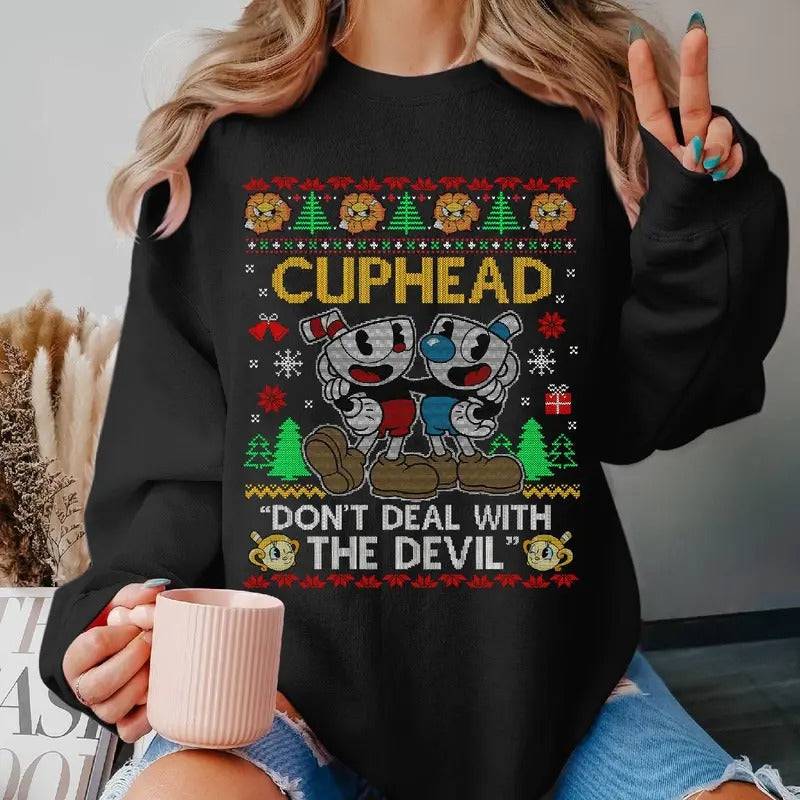 Cuphead Ugly Christmas Sweatshirt Cuphead Video Game Ugly Xmas Shirt Christmas Sweater Hoodie | RetroVerseTees.com