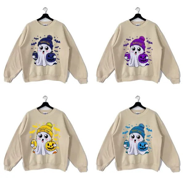 Custom Cute Ghost All Team Football Sweatshirt, Halloween Football Fan Ghost with Pumpkin T-Shirts, Hoodie