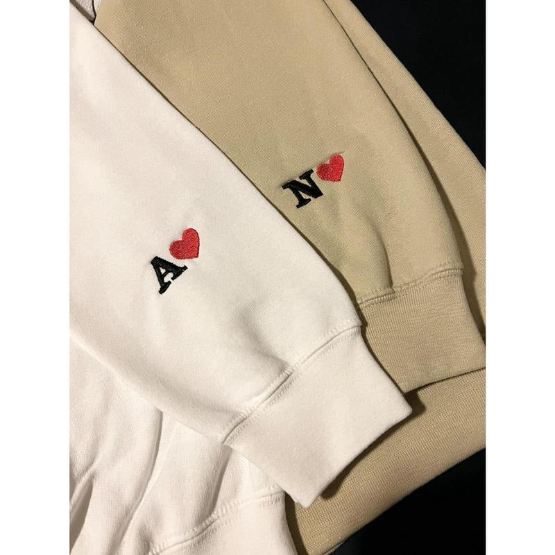 Custom Embroidered Initial Heart Sweatshirt, Personalized Couples Gifts, Valentines Couple Initials, Matching Sleeve...