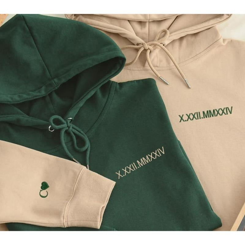 Custom Embroidered Roman Numeral Hoodie, Personalized Date Hoodie, Initial On Sleeve, Couples Gift, Matching Hoodie,...