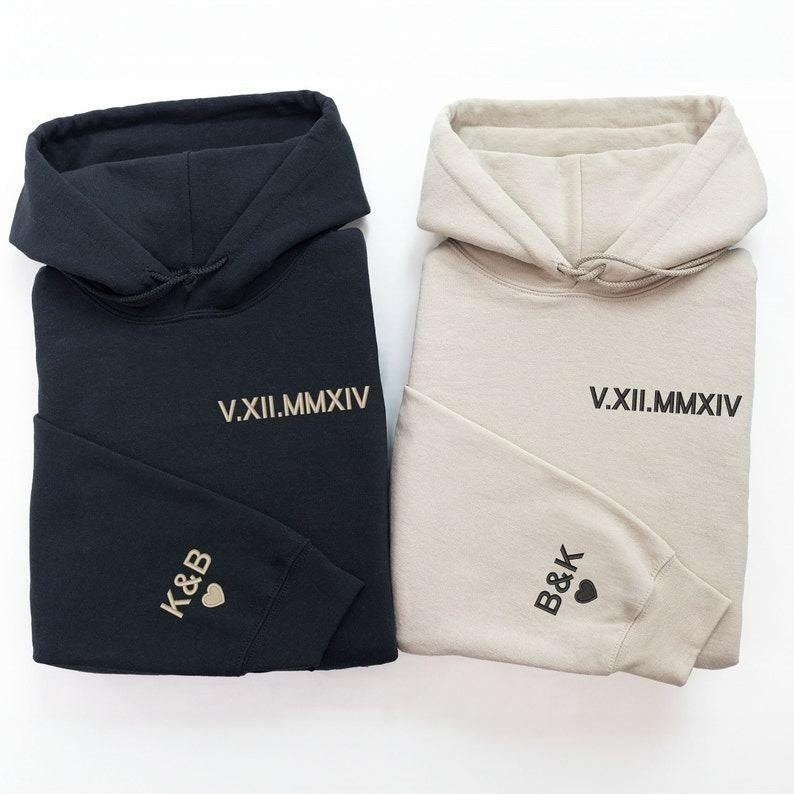 Custom Embroidered Roman Numeral Hoodie, Personalized Date Hoodie, Initials On The Sleeve, Engaged Gift, Couples Gift,...