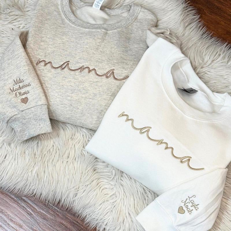 Custom Mama Embroidered Sweatshirt, Curved Neckline Mama Sweatshirt, Personalized Mom Embroidered Sweatshirt, Pregnancy...