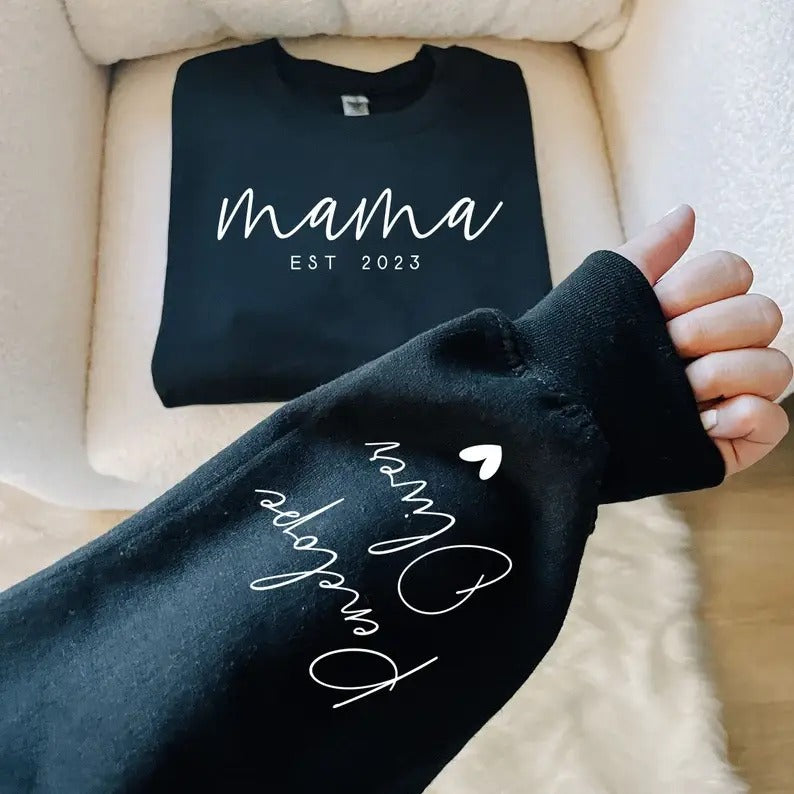 Custom Mama Sweatshirt with Date and Children Name on Sleeve Sweatshirt, Hoodie, T-Shirt | RetroVerseTees.com