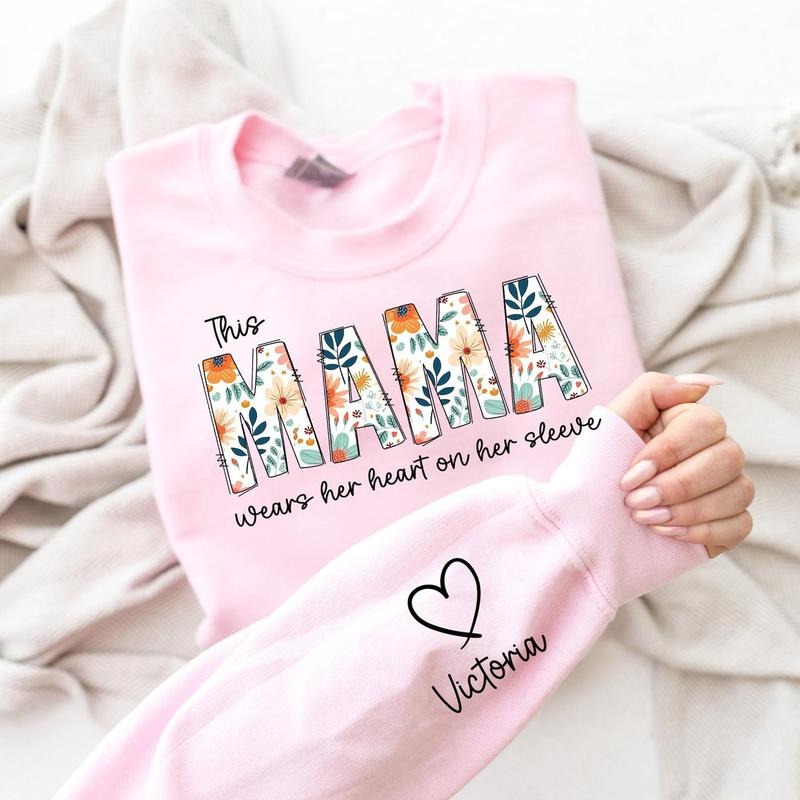 Custom Mom Sweatshirt Kids Name On Sleeve, Mothers Day Gift For Grandmom, Wear Her Heart On Her Sleeve T-Shirts, Hoodie