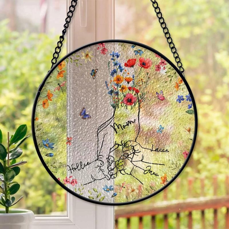 Custom Mom's Hand Holding Kids Faux Stained Glass, Floral Flower Mom's Hand Suncatcher, Gift for Mom