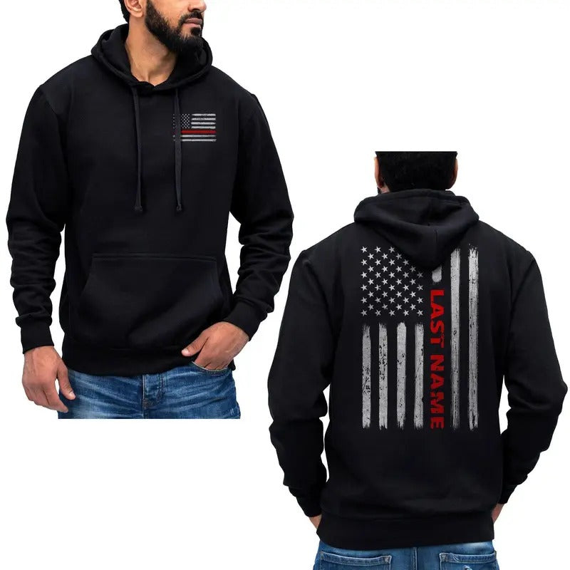 Custom Name Firefighter Hoodie Thin Red Line Vertical Flag Sweatshirt Cotton Fabric Menswear Pocket Breathable Kangaroo...