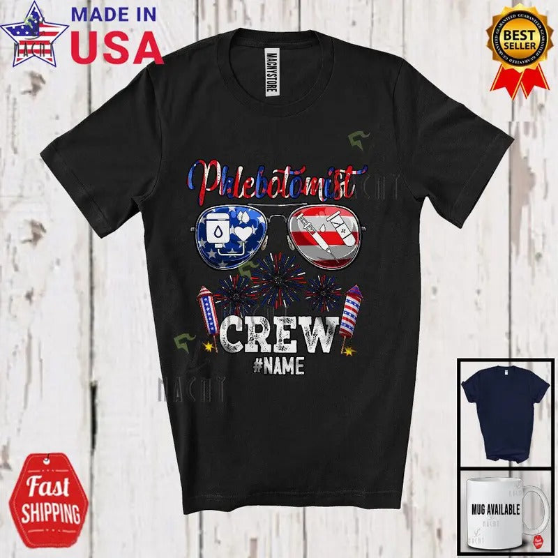 Custom Name Phlebotomist Crew, Joyful 4th FOG July Sunglasses, Patriotic T-Shirt Hoodie, Sweatshirt | RetroVerseTees.com