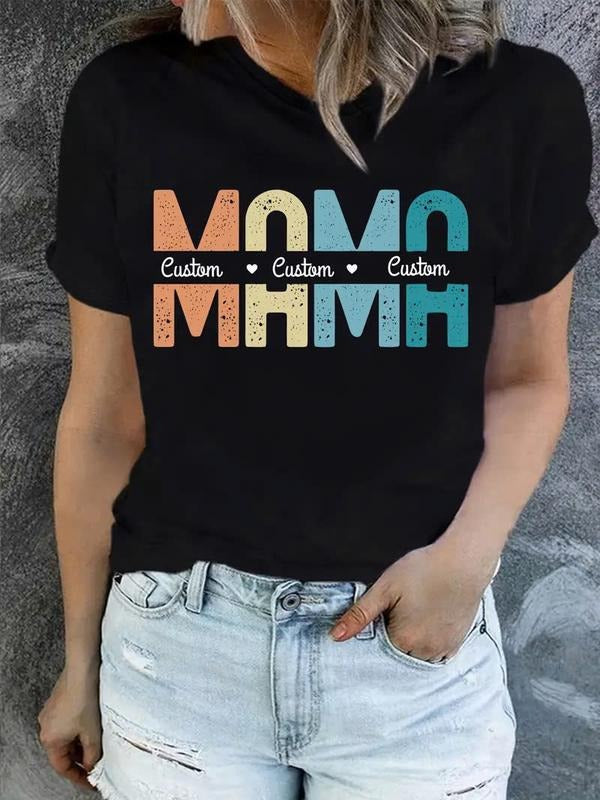 Custom Name Print T-shirt, Customizable Mother'S Day T-Shirt , Short Sleeve Crew Neck Casual Top For Summer & Spring,...