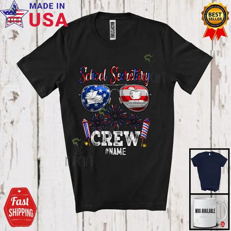 Custom Name School Secretary Crew, Joyful 4th FOG July Sunglasses Patriotic Shirt Hoodie, Sweatshirt | RetroVerseTees.com
