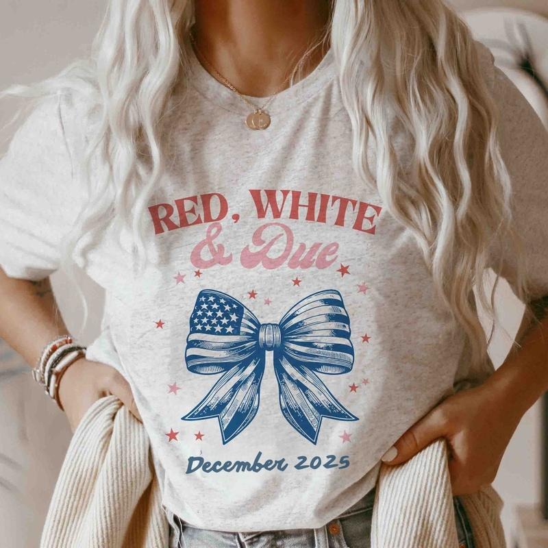 Custom Red White and Due 4th of July Pregnancy Announcement Shirts Matching Fourth of July Gender Reveal Tees Hoodie,...