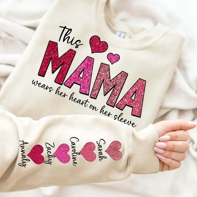 Custom This Mama Wears Her Heart On Her Sleeve, Personalized Valentine, Add Your Own Names, Valentine's Day Shirt, Pink...
