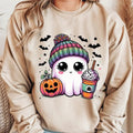 Cute Bougie Halloween Ghost with Coffee. Casual Everyday Softstyle Halloween Unisex Pullover Crewneck Sweatshirt....