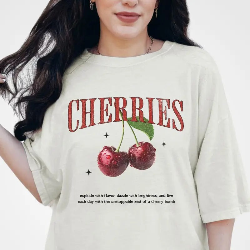 Cute Cherries T-Shirt, Retro Cherry Tshirt, Boho Fruit Graphic Tee, TNF Cherry Top Hoodie, Sweatshirt | RetroVerseTees.com