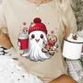 Cute Christmas Ghost with Gingerbread and Coffee Shirt - Holiday Graphic Tee - Casual Winter Softstyle Unisex T-Shirt...