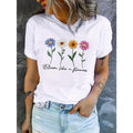 Cute Flower & Letter Print Crew Neck Short Sleeve Top - FOG, Breathable, Casual T-shirt for Women, Spring & Summer style...