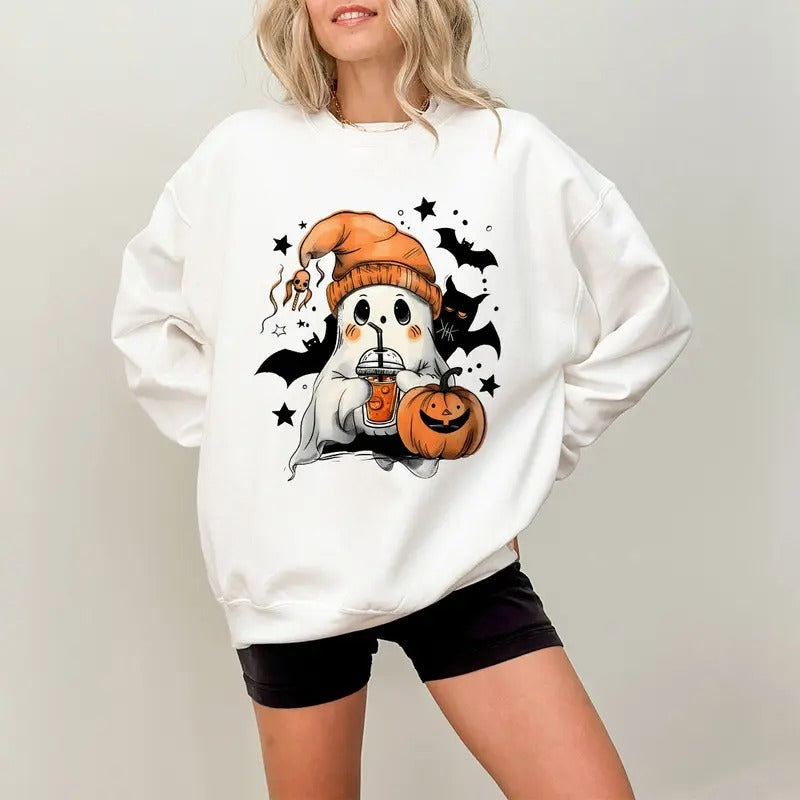 Cute Ghost Drinking Coffee Sweatshirt, Ghost Ice Coffee, Spooky Season Shirt, Fall Coffee Lover Sweatshirt, Halloween...