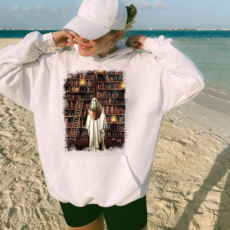 Cute Ghost Reading Book Halloween Tshirt Sweatshirt Hoodie, Fall Reading Book Sweatshirt, Cute Book Worm Ghost Tee,...