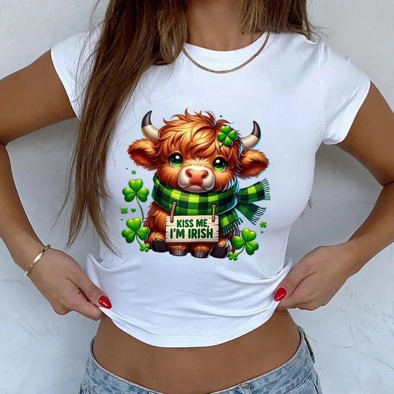 Cute Highland Cow. St Patricks Day Baby Tee, St Pattys Day Baby Tee Hoodie, Sweatshirt | RetroVerseTees.com