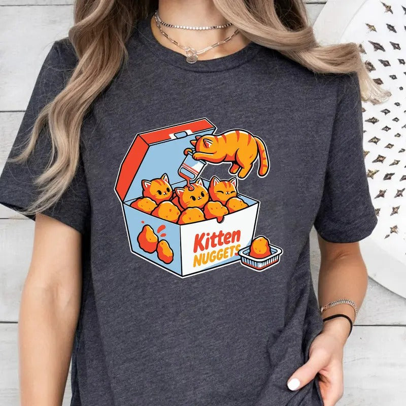 Cute Kitten Nuggets T-Shirt, Funny Cat Food Illustration Tee, Quirky Cartoon Graphic Tee, Fun Casual Shirt, Cat Lover...