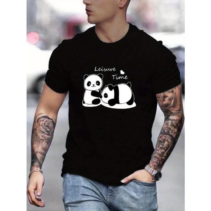 Cute Panda Graphic Print Men's Creative Top, Casual Short Sleeve Crew Neck T-shirt, Men's Clothing For Summer Outdoor...