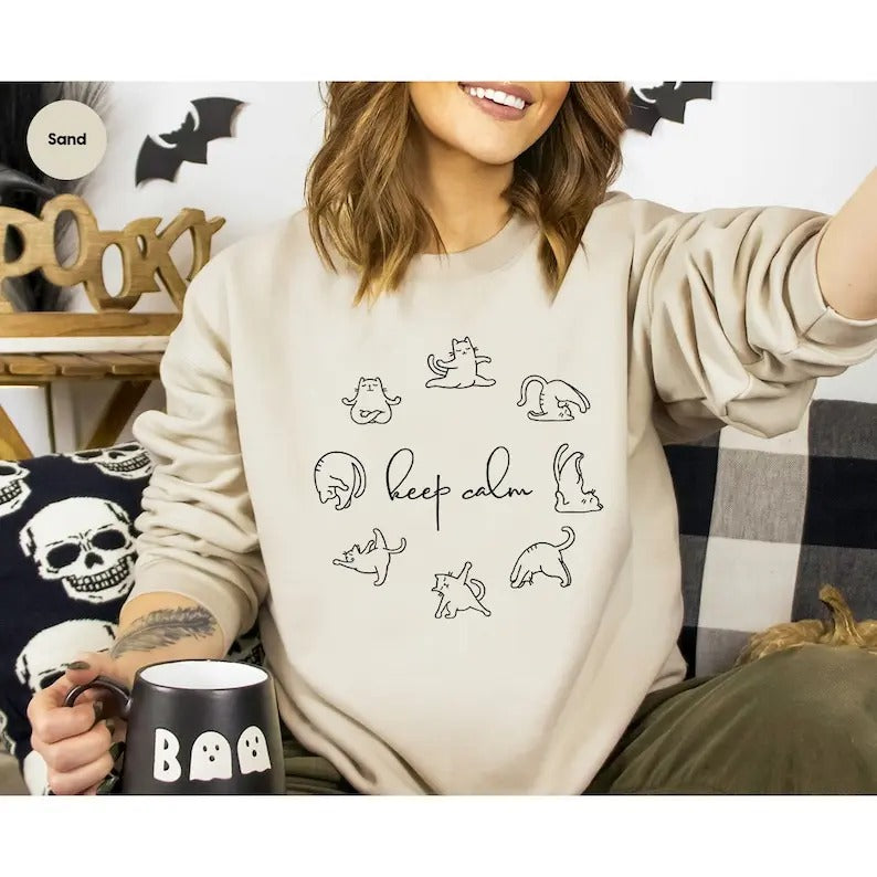 Cute Yoga Shirt, Retro Shirts for Women, Motivational Crewneck Sweatshirt, Funny Cat Yoga T-Shirt, Meditation Shirts for...
