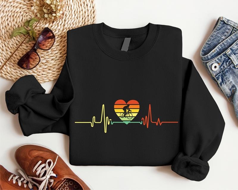 Cycling Heartbeat Sweatshirt, Cycling Heart Hoodie, Bicycle Lover Gift Sweater, Matching Bicycle Rider Hoodie, Bike...