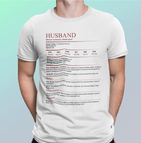 D&D Husband Stat Block Shirt | Dungeons and Dragons T-Shirt Hoodie, Sweatshirt | RetroVerseTees.com