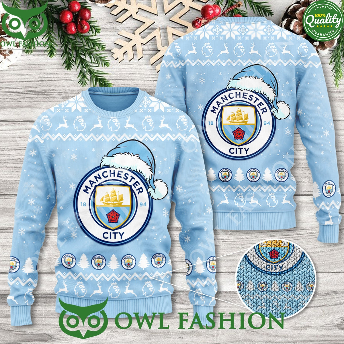 Manchester City Light Blue Christmas Hat 3D Ugly Sweater