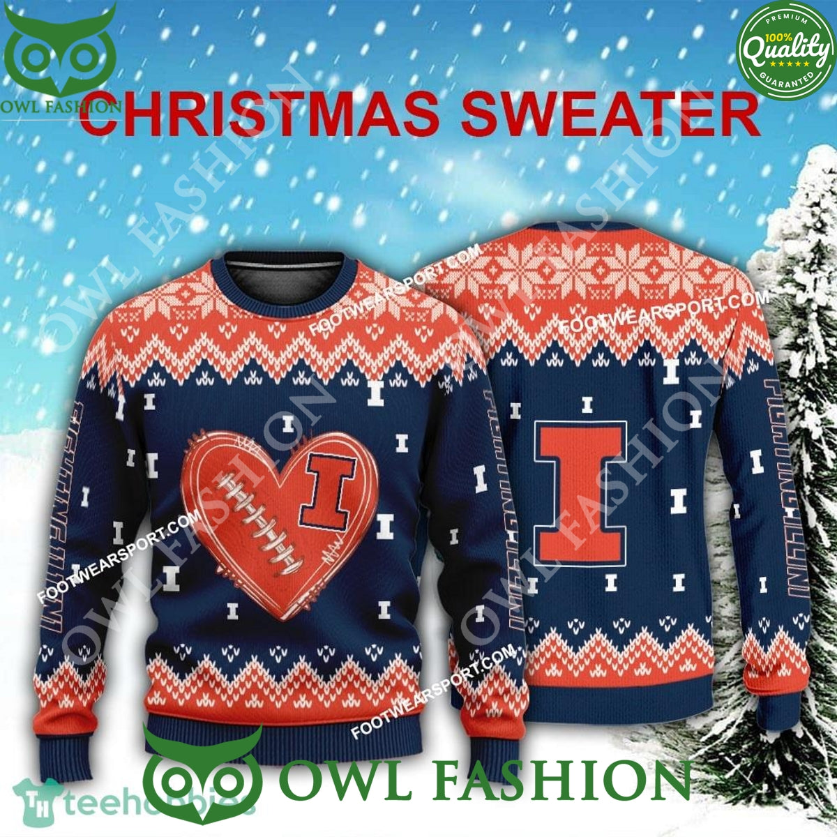 Logo Pattern Heart Football Illinois Fighting Illini Christmas Ugly Sweater