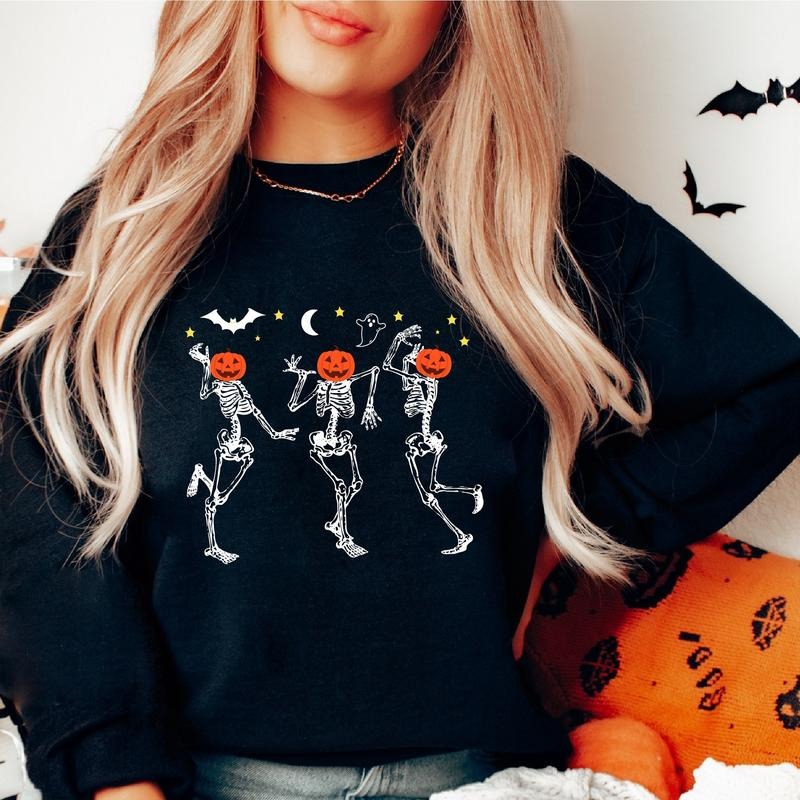 Dancing Skeleton Sweatshirt, Matching Pumpkin Halloween Party Hoodie, Fall Gift Sweatshirt For Woman, Spooky Season Long...