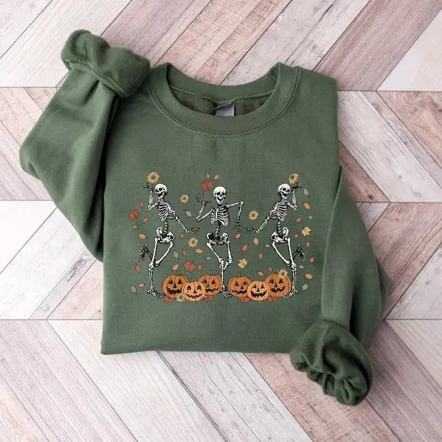 Dancing Skeleton Sweatshirt, Pumpkin Sweater, Pumpkin Skeleton Shirt, Fall Sweatshirt, Halloween Party Sweatshirt, Spooky...