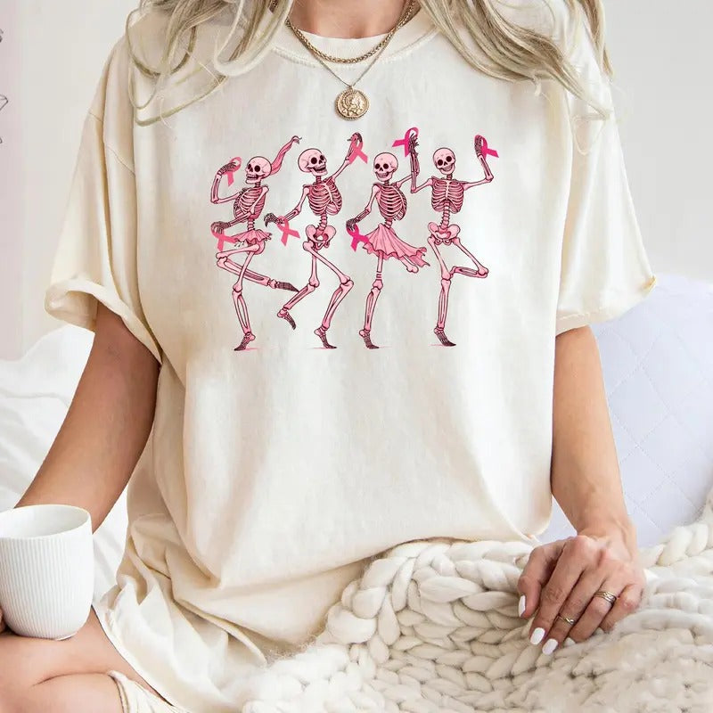 Dancing Skeletons Br3ast Cancer Shirt, Skeletons Pink Ribbon Tee, Br3ast Canc3r Halloween Shirt, Unisex Short Sleeve Tee,...