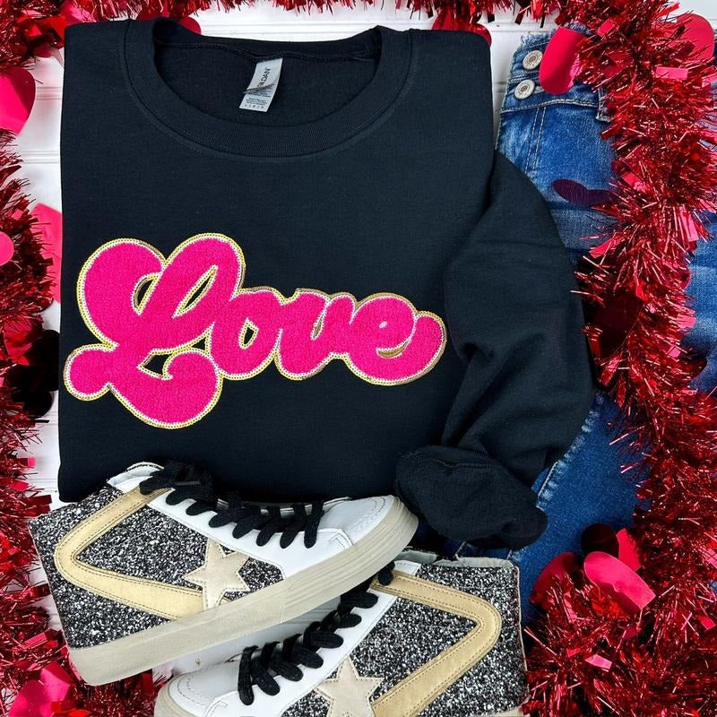 Dark Pink Chenille LOVE Patch Sweatshirt T-Shirts, Hoodie | RetroVerseTees.com
