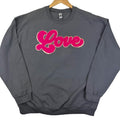 Dark Pink Chenille Love Patch Sweatshirt -- CHARCOAL T-Shirts, Hoodie | RetroVerseTees.com